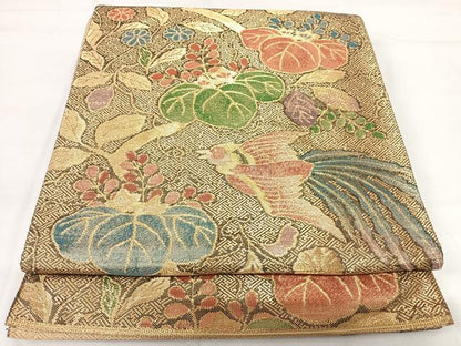 平和屋着物◎佐賀錦　六通柄袋帯　花鳥文　金糸　正絹　逸品　AABG2388yx