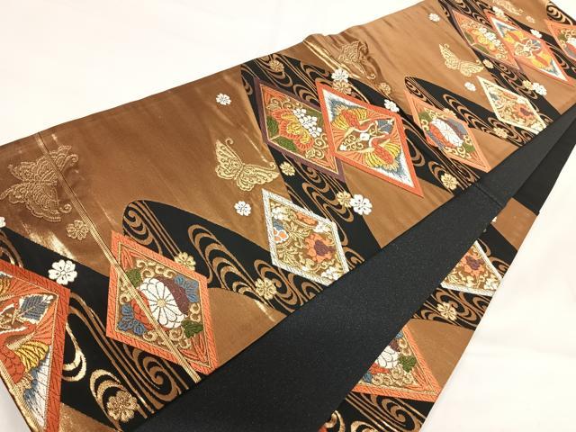 平和屋着物◎六通柄袋帯 唐織 双鶴花文 金銀糸 正絹 逸品 AABG2389yx