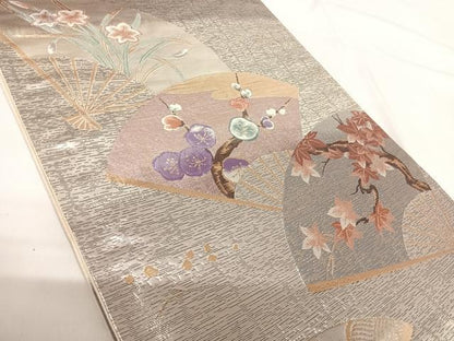 平和屋着物◎西陣　六通柄袋帯　風流花扇卉図　金銀糸　正絹　逸品　AABG2390yx