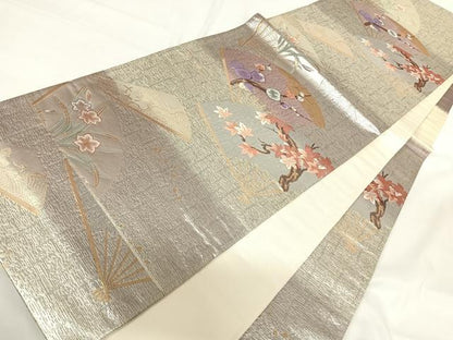 平和屋着物◎西陣　六通柄袋帯　風流花扇卉図　金銀糸　正絹　逸品　AABG2390yx