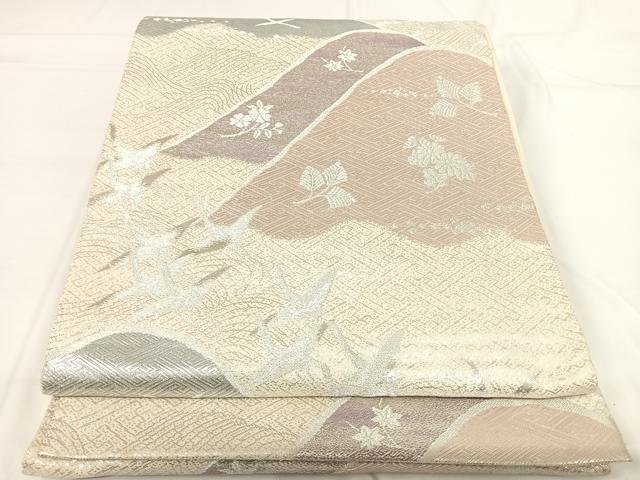平和屋着物◎六通柄袋帯 唐織 飛鶴風景文 銀糸 正絹 逸品 AABG2397yx