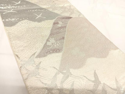 平和屋着物◎六通柄袋帯 唐織 飛鶴風景文 銀糸 正絹 逸品 AABG2397yx