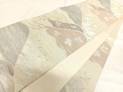 平和屋着物◎六通柄袋帯 唐織 飛鶴風景文 銀糸 正絹 逸品 AABG2397yx