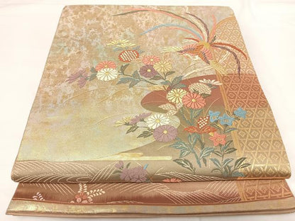 平和屋着物◎太鼓柄袋帯 唐織 競華鳳凰文 金糸 正絹 逸品 AABG2402yx