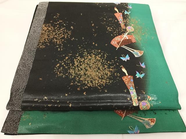 平和屋着物◎六通柄袋帯　唐織　花蝶文　黒地　金糸　正絹　逸品　AABG2407yx