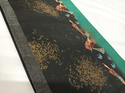 平和屋着物◎六通柄袋帯　唐織　花蝶文　黒地　金糸　正絹　逸品　AABG2407yx
