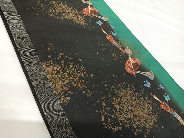 平和屋着物◎六通柄袋帯　唐織　花蝶文　黒地　金糸　正絹　逸品　AABG2407yx