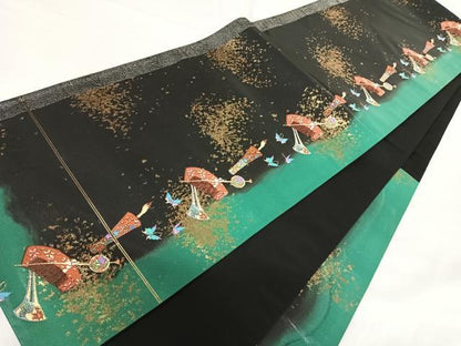 平和屋着物◎六通柄袋帯　唐織　花蝶文　黒地　金糸　正絹　逸品　AABG2407yx