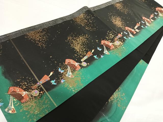 平和屋着物◎六通柄袋帯　唐織　花蝶文　黒地　金糸　正絹　逸品　AABG2407yx