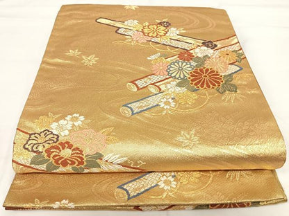 平和屋着物◎六通柄袋帯　唐織　流水花文　金糸　正絹　逸品　AABG2410yx