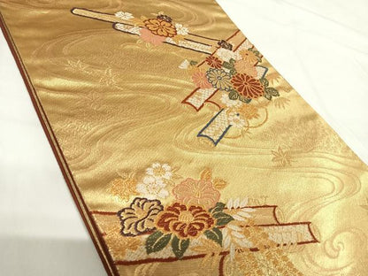 平和屋着物◎六通柄袋帯　唐織　流水花文　金糸　正絹　逸品　AABG2410yx