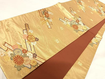 平和屋着物◎六通柄袋帯　唐織　流水花文　金糸　正絹　逸品　AABG2410yx