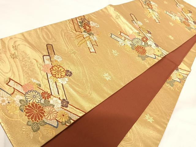 平和屋着物◎六通柄袋帯　唐織　流水花文　金糸　正絹　逸品　AABG2410yx