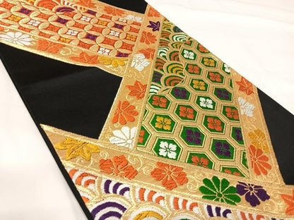 平和屋着物◎六通柄袋帯　唐織　吉祥花文　黒地　金糸　正絹　逸品　AABG2421yx