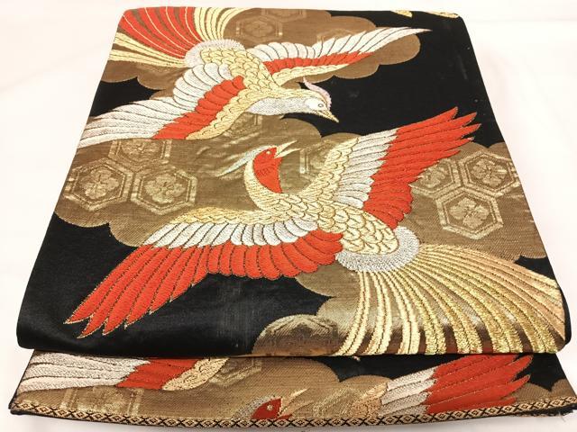 平和屋着物◎六通柄袋帯 唐織 都緞子 尾長鳥 黒地 金銀糸 正絹 逸品 AABG2422yx
