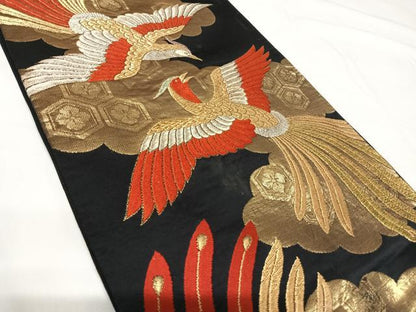 平和屋着物◎六通柄袋帯 唐織 都緞子 尾長鳥 黒地 金銀糸 正絹 逸品 AABG2422yx