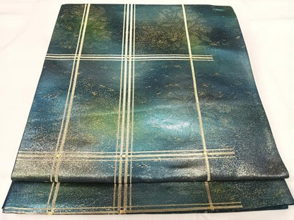 平和屋着物◎六通柄袋帯　花格子　金糸　正絹　逸品　AABG2424yx