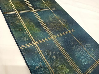 平和屋着物◎六通柄袋帯　花格子　金糸　正絹　逸品　AABG2424yx