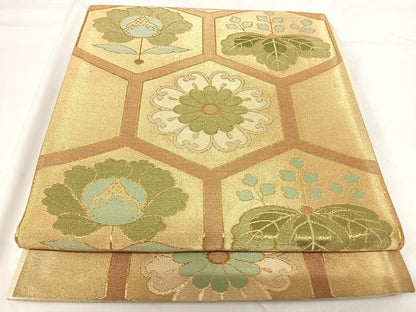平和屋着物◎六通柄袋帯 亀甲花文 金糸 正絹 逸品 AABG2427yx