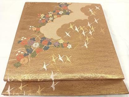 平和屋着物◎六通柄袋帯 雲取り花文 金糸 正絹 逸品 AABG2443yx