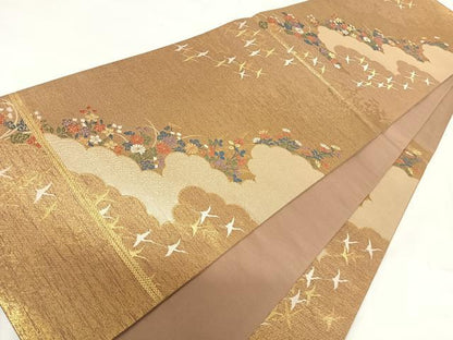 平和屋着物◎六通柄袋帯 雲取り花文 金糸 正絹 逸品 AABG2443yx