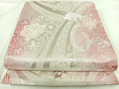 平和屋着物◎両面全通柄袋帯 更紗花文 銀糸 正絹 逸品 AABG2445yx