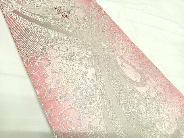 平和屋着物◎両面全通柄袋帯 更紗花文 銀糸 正絹 逸品 AABG2445yx