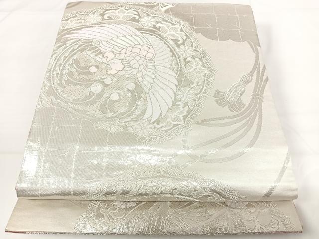 平和屋着物◎両面全通柄袋帯 更紗花文 銀糸 正絹 逸品 AABG2445yx