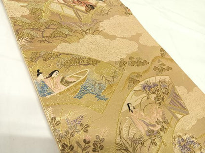 平和屋着物◎六通柄袋帯　人物風景文　金糸　正絹　逸品　AABG2453yx