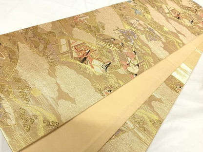 平和屋着物◎六通柄袋帯　人物風景文　金糸　正絹　逸品　AABG2453yx