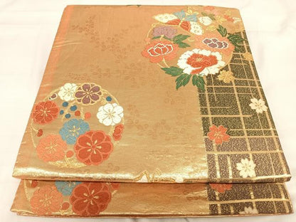 平和屋着物◎六通柄袋帯 唐織 花蝶丸文 金糸 正絹 逸品 AABG2458yx