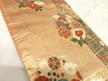 平和屋着物◎六通柄袋帯 唐織 花蝶丸文 金糸 正絹 逸品 AABG2458yx