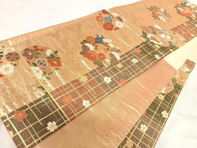平和屋着物◎六通柄袋帯 唐織 花蝶丸文 金糸 正絹 逸品 AABG2458yx