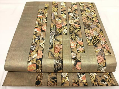 平和屋着物◎六通柄袋帯 唐織 熨斗花文 金糸 正絹 逸品 AABG2464yx