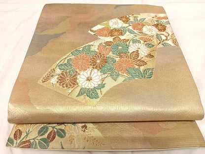 平和屋着物◎六通柄袋帯 地紙花文 金糸 正絹 逸品 AABG2466yx