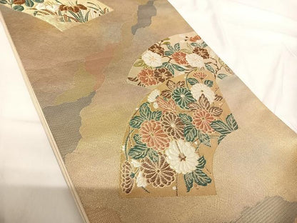 平和屋着物◎六通柄袋帯 地紙花文 金糸 正絹 逸品 AABG2466yx