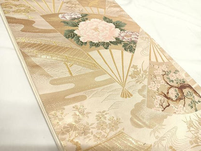平和屋着物◎六通柄袋帯　唐織　扇花文　金糸　正絹　逸品　AABG2473yx