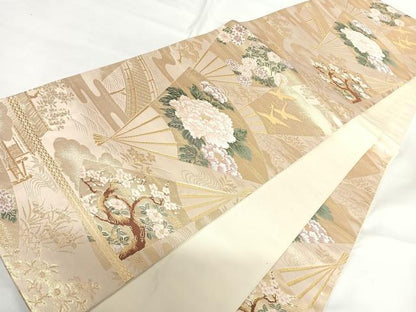 平和屋着物◎六通柄袋帯　唐織　扇花文　金糸　正絹　逸品　AABG2473yx