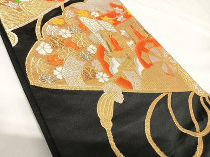 平和屋着物◎六通柄袋帯 唐織 吉祥文 黒地 金銀糸 正絹 逸品 AABG2478yx