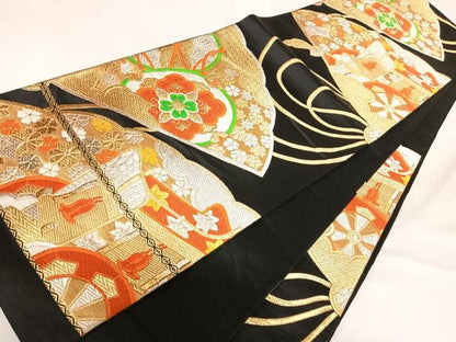 平和屋着物◎六通柄袋帯 唐織 吉祥文 黒地 金銀糸 正絹 逸品 AABG2478yx