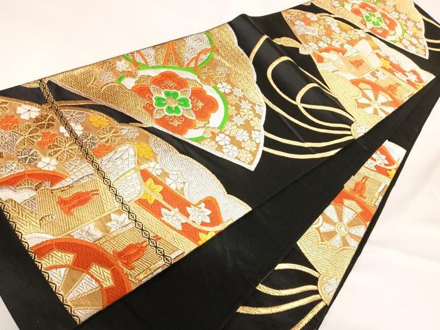 平和屋着物◎六通柄袋帯 唐織 吉祥文 黒地 金銀糸 正絹 逸品 AABG2478yx