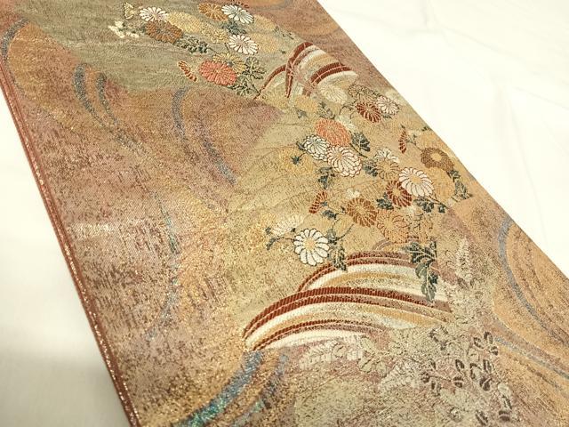平和屋着物◎六通柄袋帯 流水扇面菊花文 金糸 正絹 逸品 AABG2479yx
