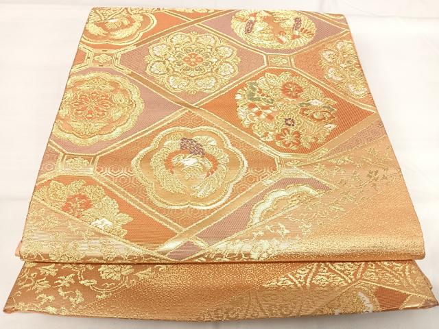 平和屋着物◎六通柄袋帯 花鳥天井文 金糸 正絹 逸品 AABG2481yx