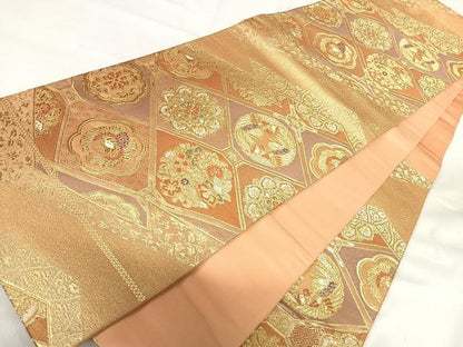 平和屋着物◎六通柄袋帯 花鳥天井文 金糸 正絹 逸品 AABG2481yx