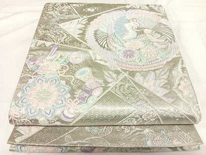 平和屋着物◎六通柄袋帯 唐織 鳳凰花文 銀糸 正絹 逸品 AABG2482yx