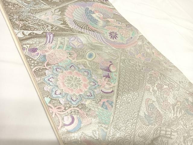 平和屋着物◎六通柄袋帯 唐織 鳳凰花文 銀糸 正絹 逸品 AABG2482yx