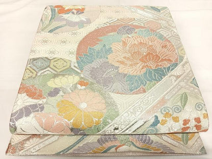 平和屋着物◎佐賀錦　六通柄袋帯　格天井花鳥図　銀糸　正絹　逸品　AABG2485yx