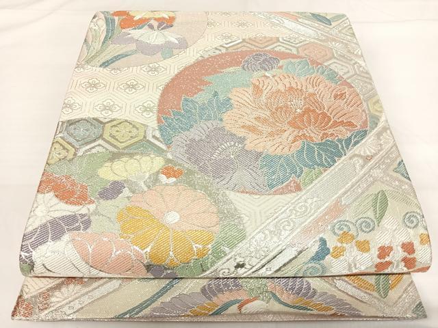 平和屋着物◎佐賀錦　六通柄袋帯　格天井花鳥図　銀糸　正絹　逸品　AABG2485yx