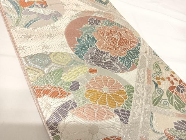 平和屋着物◎佐賀錦　六通柄袋帯　格天井花鳥図　銀糸　正絹　逸品　AABG2485yx