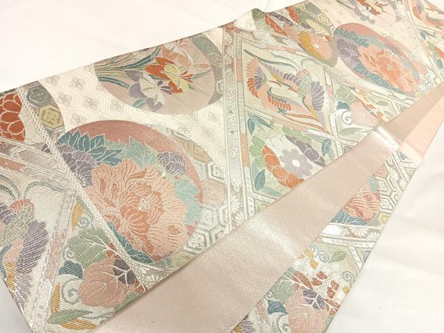 平和屋着物◎佐賀錦　六通柄袋帯　格天井花鳥図　銀糸　正絹　逸品　AABG2485yx